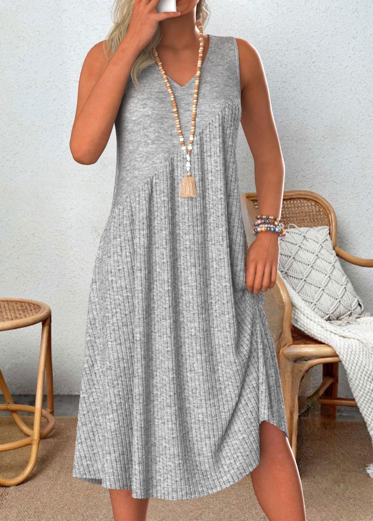 Patchwork Light Grey Marl A Line Sleeveless Dress