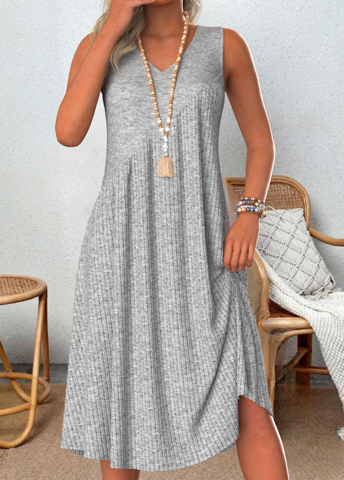 Patchwork Light Grey Marl A Line Sleeveless Dress
