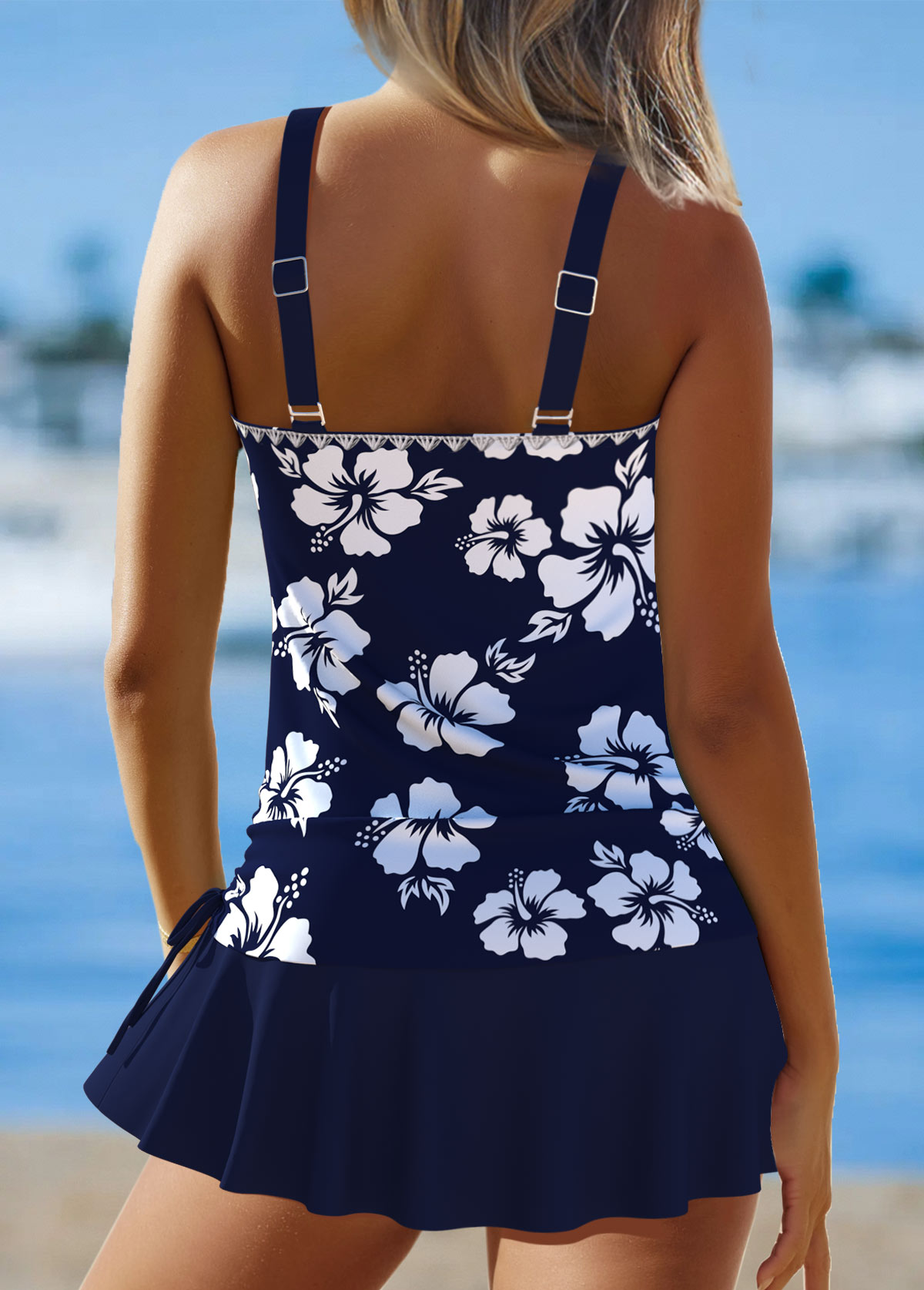 Mid Waisted Floral Print Ruched Navy Tankini Set