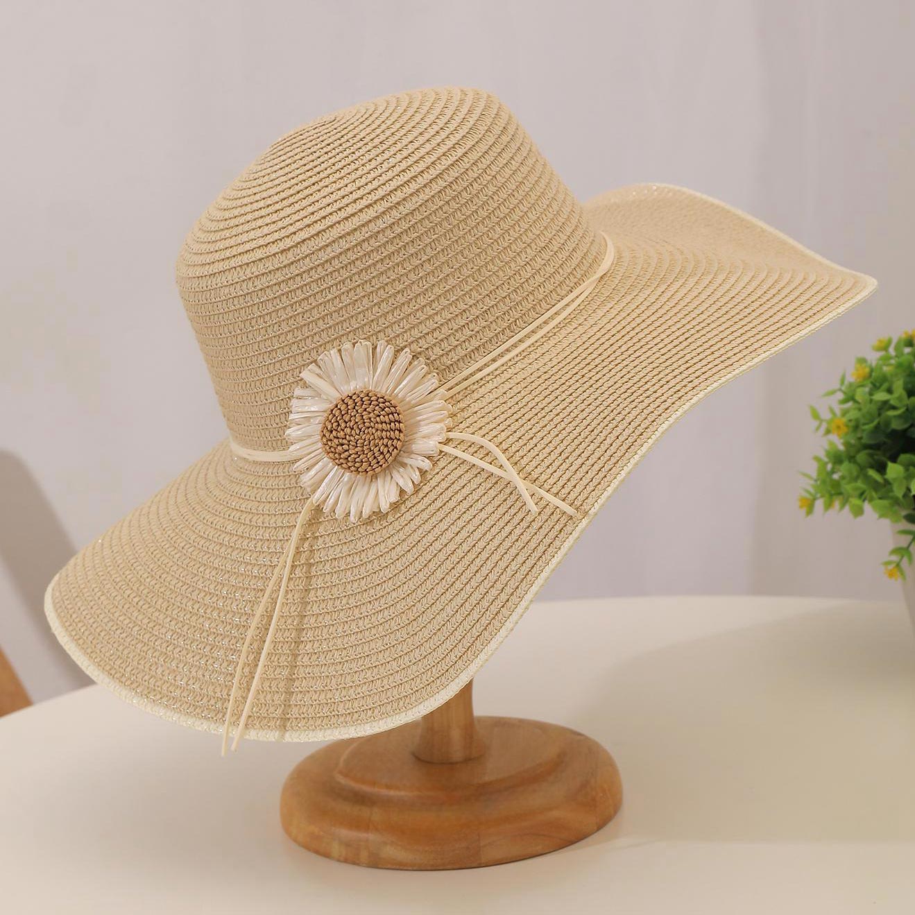 Sunflower Print Light Camel Straw Visor Hat