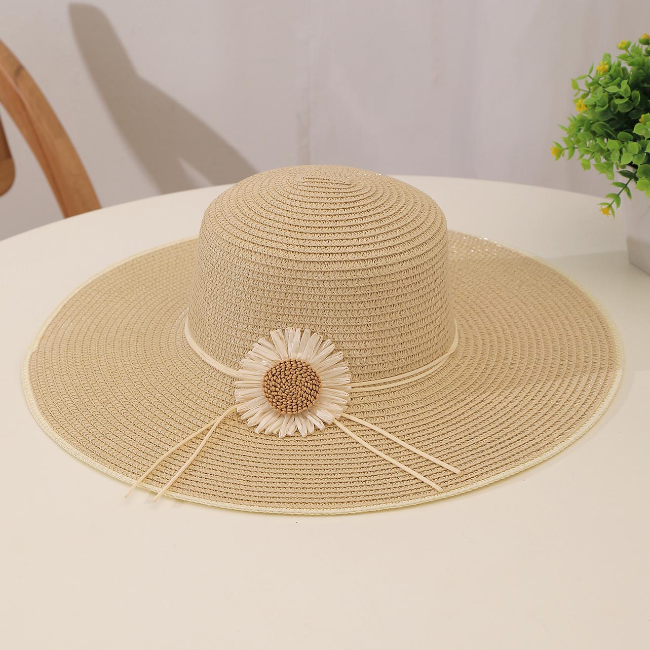 Sunflower Print Light Camel Straw Visor Hat
