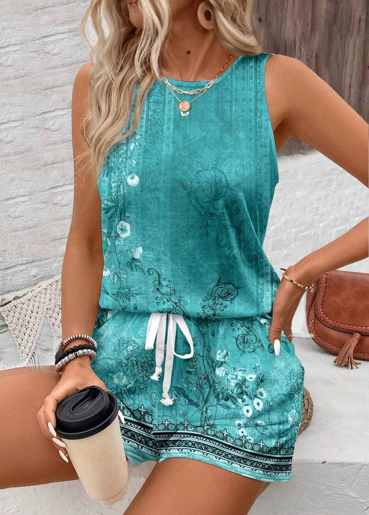 Floral Print Two Piece Cyan Sleeveless Top and Shorts