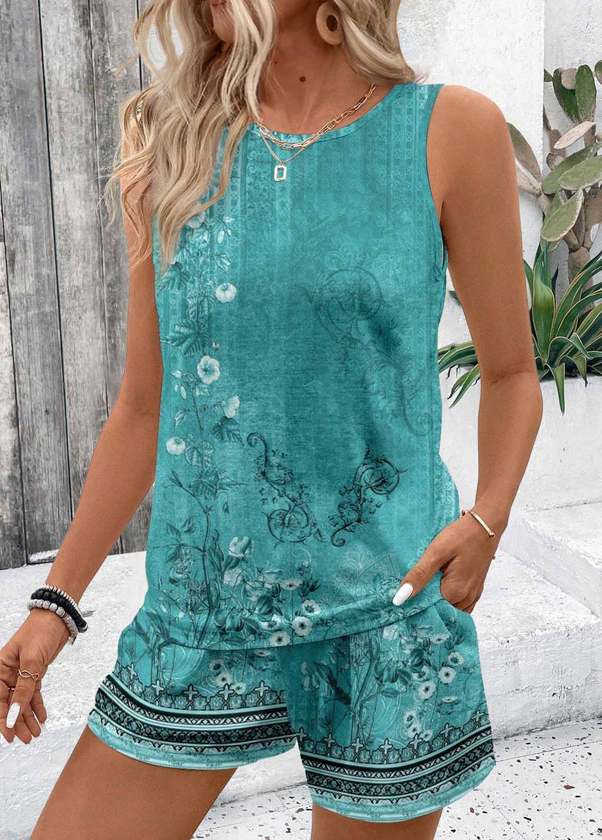 Floral Print Two Piece Cyan Sleeveless Top and Shorts