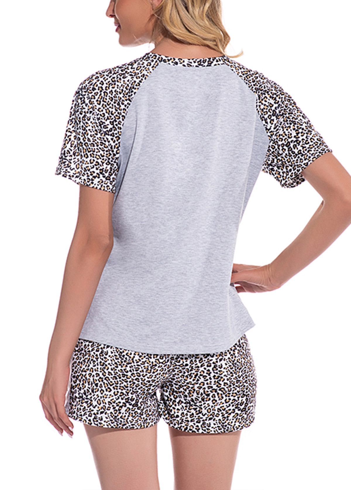 Grey Round Neck Leopard Lounge Top and Shorts