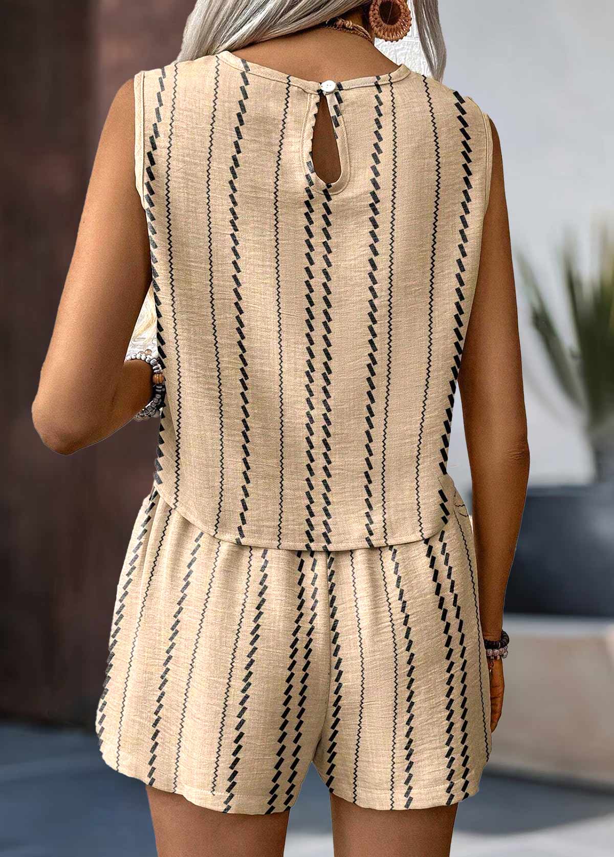 Striped Button Light Camel Sleeveless TOP and Shorts