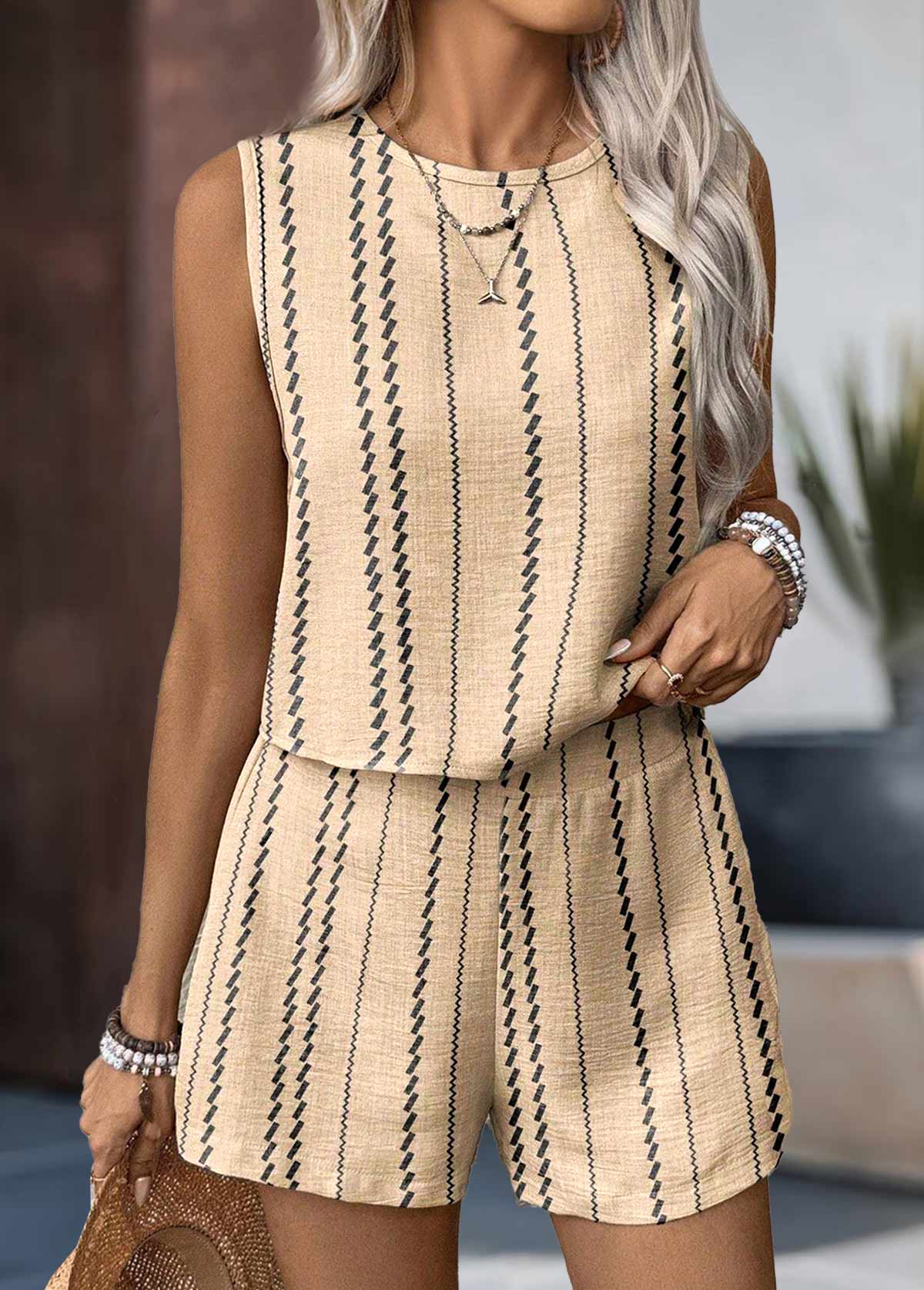 Striped Button Light Camel Sleeveless TOP and Shorts