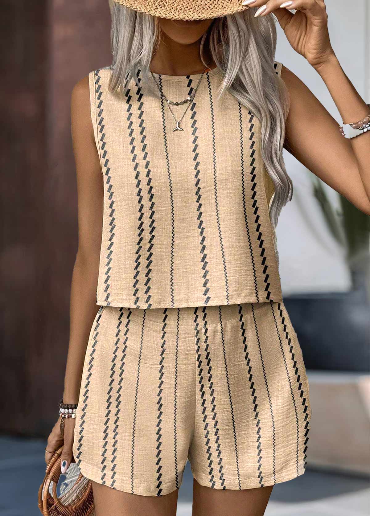 Striped Button Light Camel Sleeveless TOP and Shorts