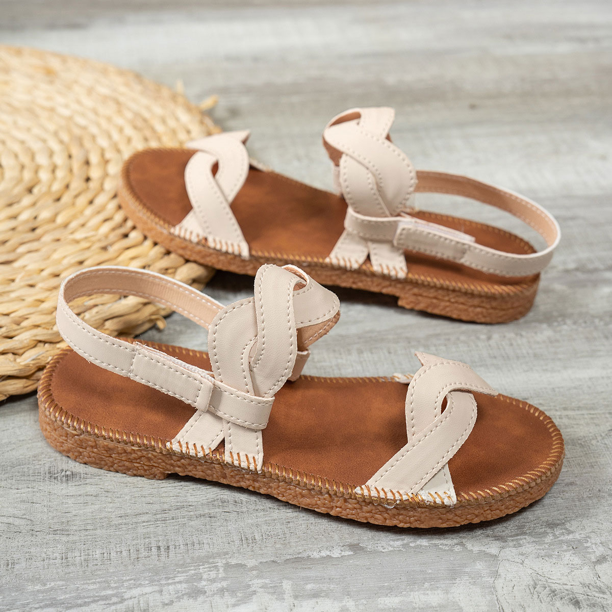 Open Toe Beige PU Leather Falt Sandals