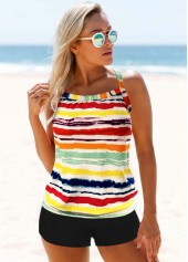Wide Strap Rainbow Color Criss Cross Back Tankini Set
