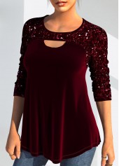 Cut Out Wine Red Long Sleeve T Shirt