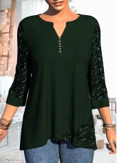 Asymmetric Hem 3/4 Sleeve Sequin Dark Green T Shirt