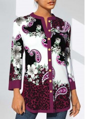 Floral and Paisley Print Split Neck Purple Blouse