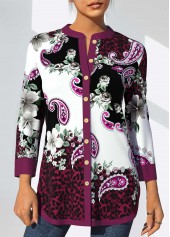Floral and Paisley Print Split Neck Purple Blouse