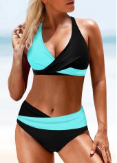 Mid Waisted Patchwork Cyan Bikini Set