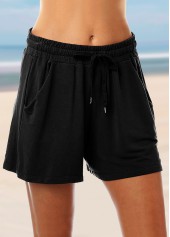 Mid Waist Drawstring Detail Black Loose Shorts