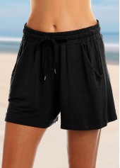 Mid Waist Drawstring Detail Black Loose Shorts