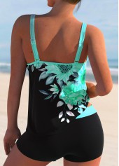 Cyan Sunflower Print Double Straps Tankini Set