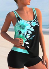 Cyan Sunflower Print Double Straps Tankini Set