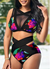Floral Print High Waisted Mesh Stitching Bikini Set