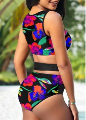 Floral Print High Waisted Mesh Stitching Bikini Set
