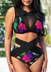 Floral Print High Waisted Mesh Stitching Bikini Set