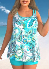 Cyan Tribal Print Plus Size Double Straps Tankini Set