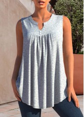 Grey Marl Decorative Button Split Neck Tank Top