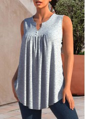 Grey Marl Decorative Button Split Neck Tank Top