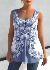 Floral Print Dusty Blue Faux Two Piece Tank Top