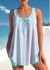Cyan Tribal Geometric Print Bowknot Tankini Set