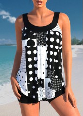 Geometric Print Black Polka Dot Tankini Top-No Bottom