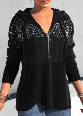 Long Sleeve Asymmetric Hem Black Sequin Hoodie