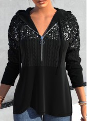 Long Sleeve Asymmetric Hem Black Sequin Hoodie