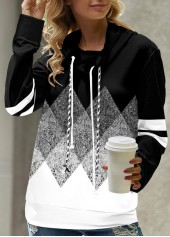 Geometric Print Black Cowl Neck Regular Sleeve Sweatshirt