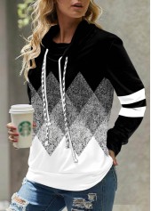 Geometric Print Black Cowl Neck Regular Sleeve Sweatshirt