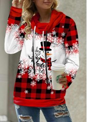 Red Plus Size Drawstring Christmas Print Sweatshirt