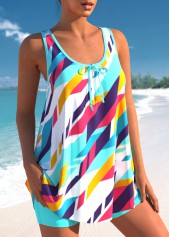 Geometric Print Bowknot Cyan Tankini Top-No Bottom
