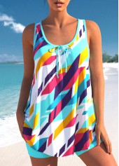 Geometric Print Bowknot Cyan Tankini Top-No Bottom