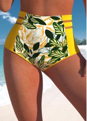 Leaf Print Yellow High Waisted Bikini Bottom