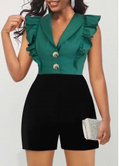 Plus Size Green Ruffle Sleeveless Shawl Collar Romper