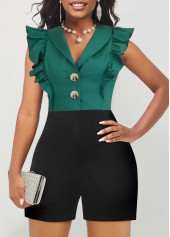 Plus Size Green Ruffle Sleeveless Shawl Collar Romper