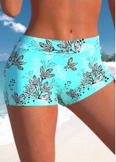 Cyan Mid Waisted Leaf Print Swim Shorts