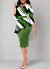 Geometric Print Fake 2in1 Green Round Neck Dress
