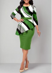 Geometric Print Fake 2in1 Green Round Neck Dress