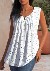 Tuck Stitch Split Neck White Tank Top