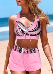 Geometric Print Patchwork Pink Bikini Top-No Bottom