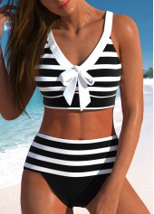 Wide Strap Striped Bowknot Black Bikini Top-No Bottom