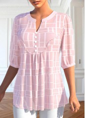 Button Light Pink 3/4 Sleeve Split Neck Blouse