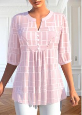 Button Light Pink 3/4 Sleeve Split Neck Blouse