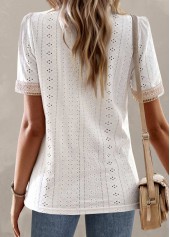 Patchwork V Neck White Short Sleeve T Shirt